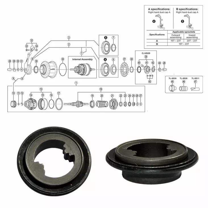 Shimano nexus 8-v (sg-8c31), kartio oikea tiivisteellä - Polkupyörän takanapa Shimano 8-v - 64409 - 1